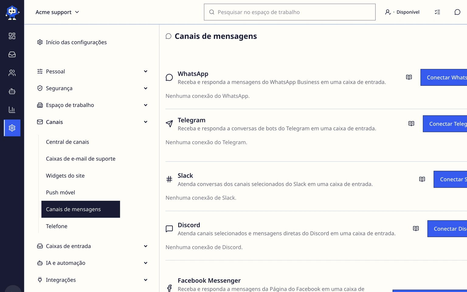 Conectar um canal de suporte do WhatsApp: Salvar a conexão do WhatsApp, 1. Abra Administração > Canais > Canais de mensagens e escolha Conectar WhatsApp.