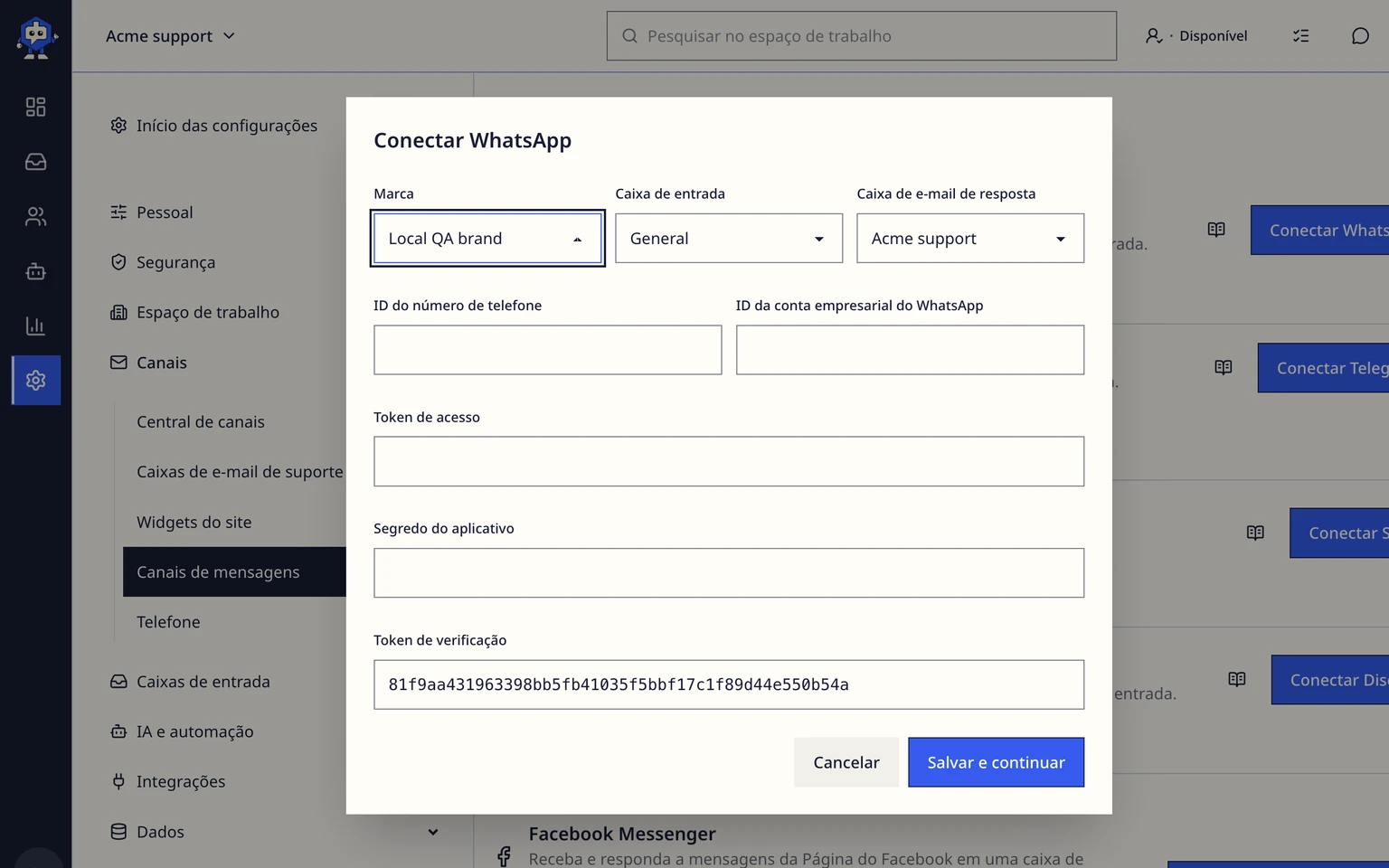 Conectar um canal de suporte do WhatsApp: Salvar a conexão do WhatsApp, 3. Digite o ID do número de telefone, o ID da conta do WhatsApp Business, o token de acesso e o segredo do app.