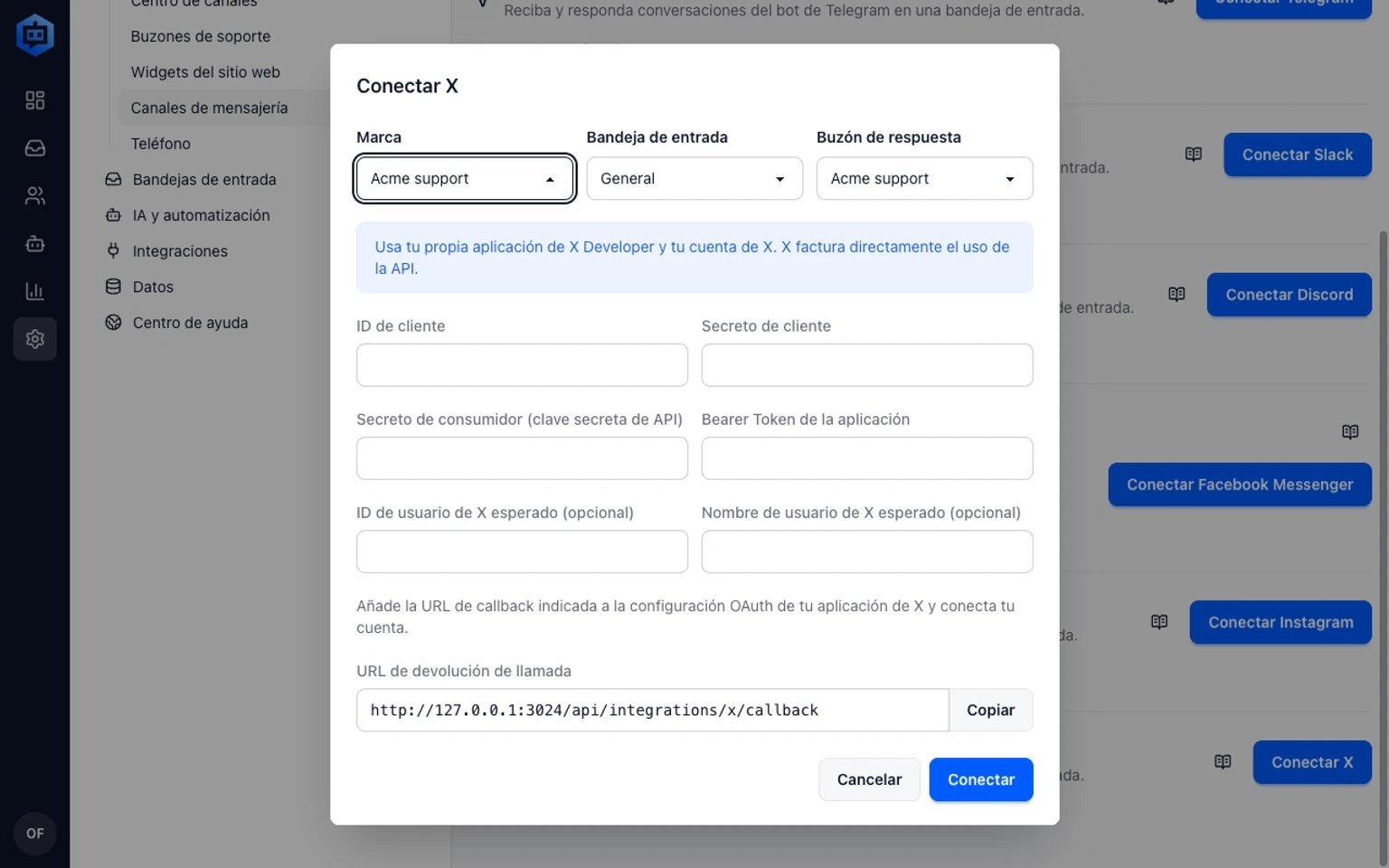 Conecta un canal de soporte de X: Inicia la conexión PKCE