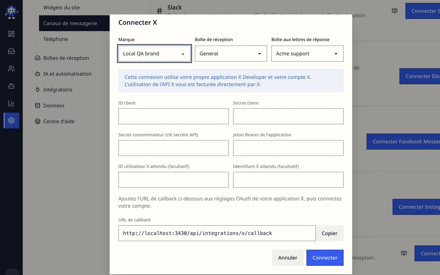 Connecter un canal de support X: Démarrer la connexion PKCE