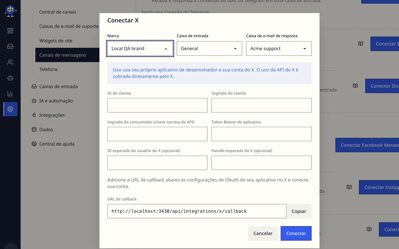 Conectar um canal de suporte do X: Iniciar a conexão PKCE