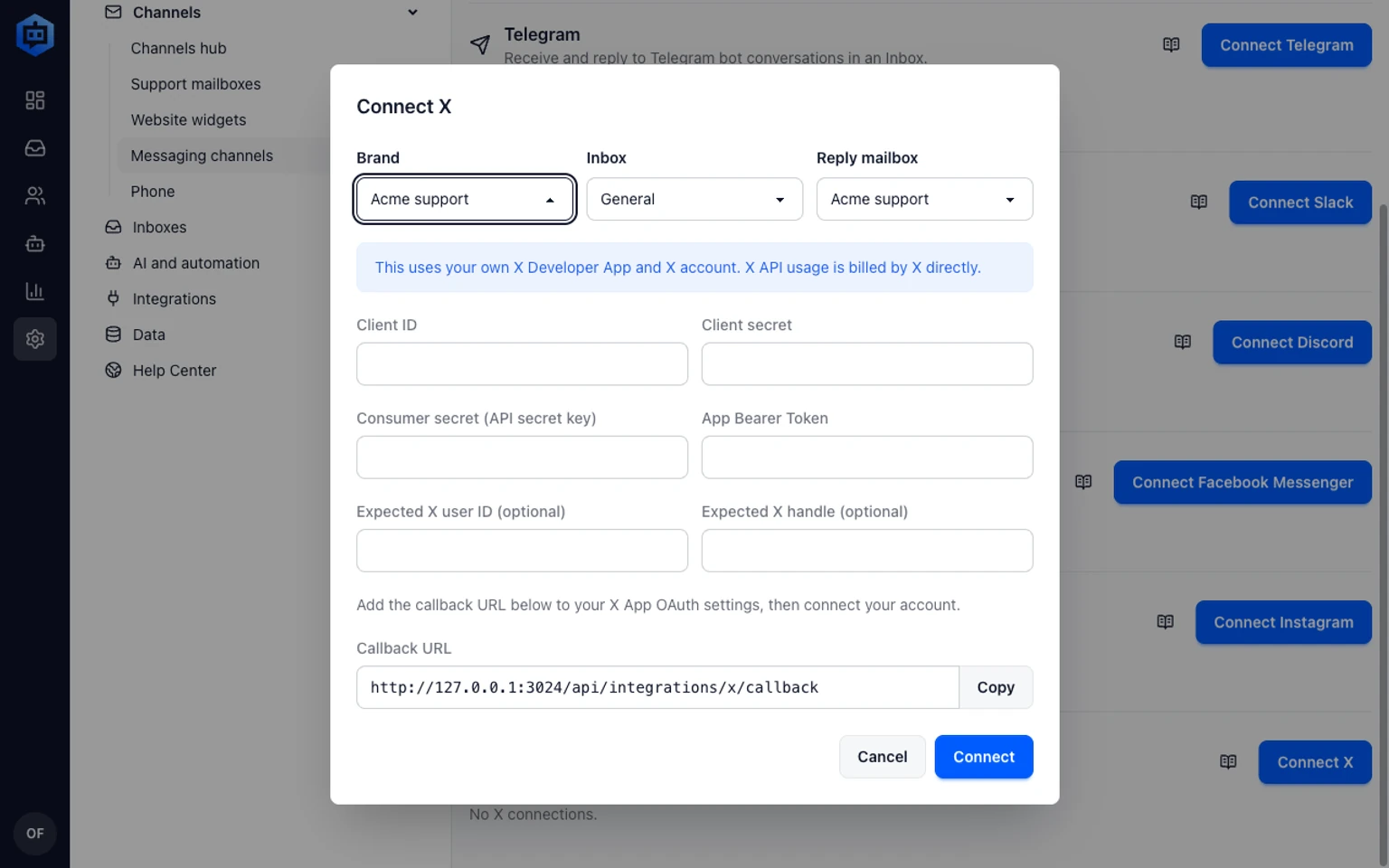 Connect an X support channel: Start the PKCE connection