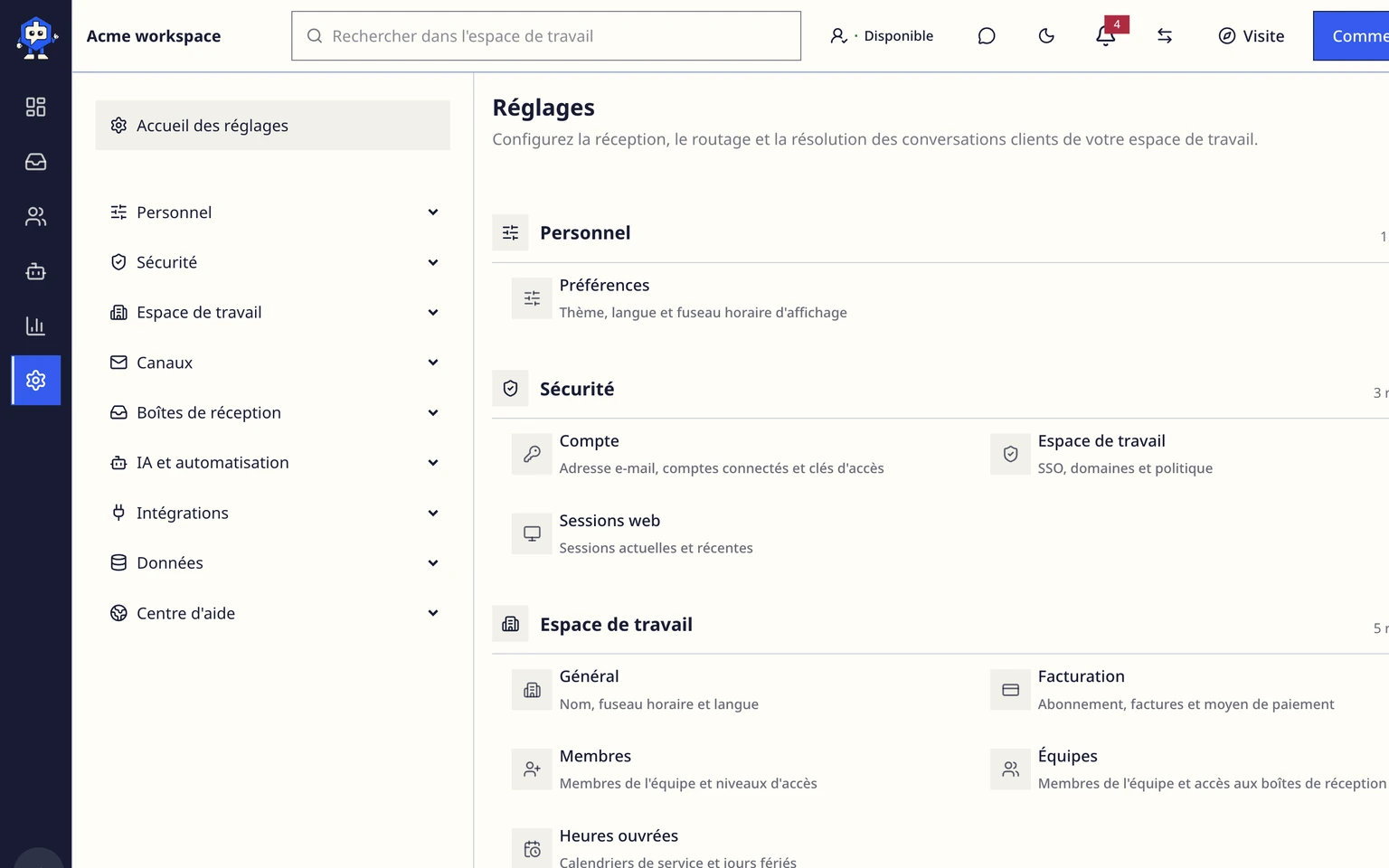 Connecter Gmail ou Google Workspace: Connecter la boîte e-mail Gmail, 1. Ouvrez Administration > Canaux > Boîtes e-mail d'assistance, puis choisissez Ajouter une boîte e-mail.