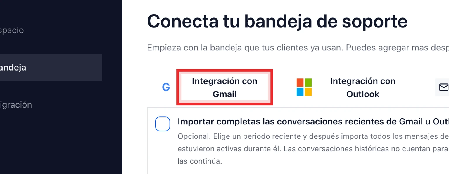 Conectar Gmail o Google Workspace: Conecta el buzón de Gmail, 2. Elige Integración con Gmail.
