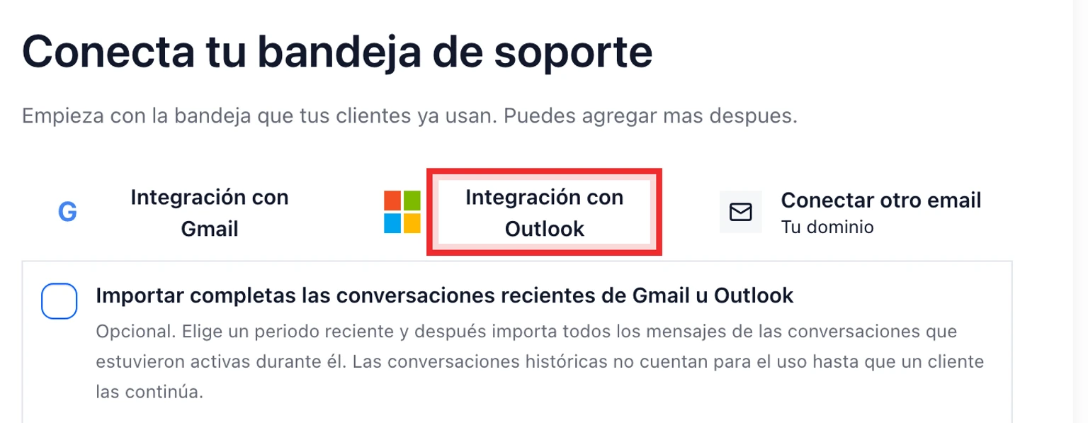 Conectar Outlook o Microsoft 365: Conecta el buzón de Outlook, 2. Elige Integración con Outlook.