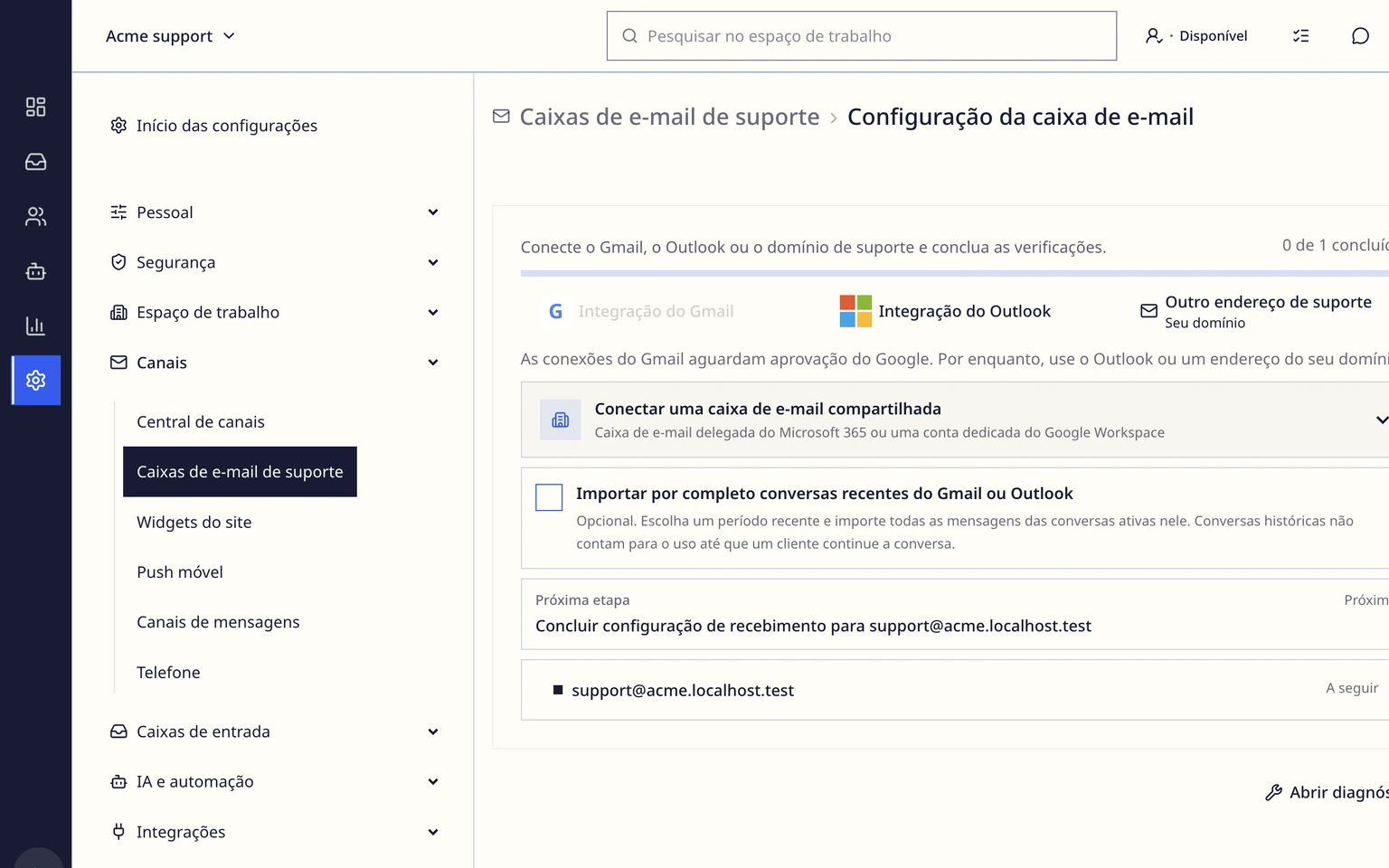 Conectar Outlook ou Microsoft 365: Conectar a caixa de e-mail do Outlook, 2. Escolha integração do Outlook.