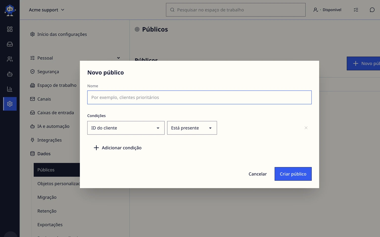 Criar públicos de clientes: Criar um público, 1. Abra Configurações > Dados > Públicos.