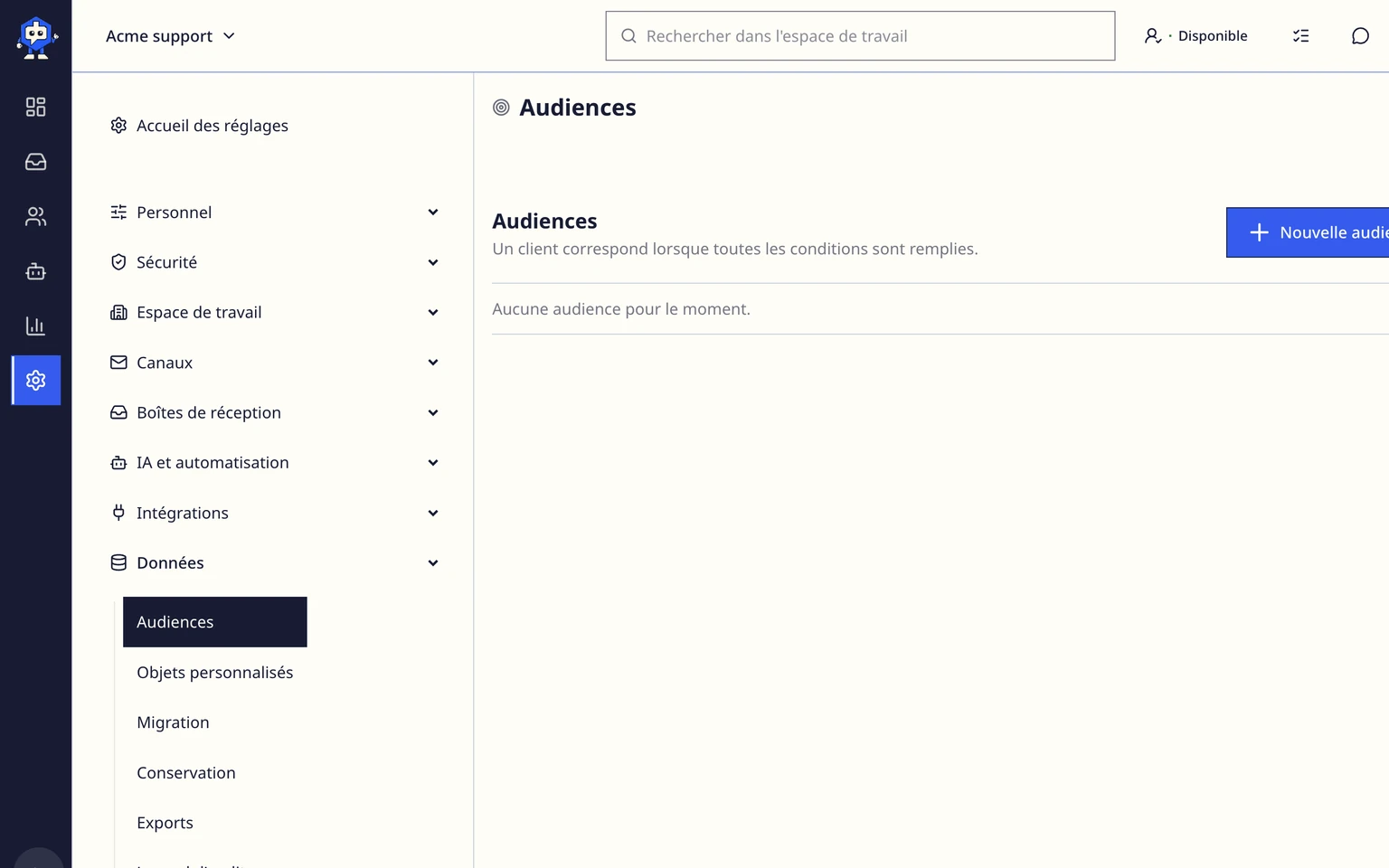 Créer des audiences client: Appliquer une audience aux connaissances approuvées, 1. Ouvrez Réglages > IA et automatisation > Sources de connaissances et modifiez la source.
