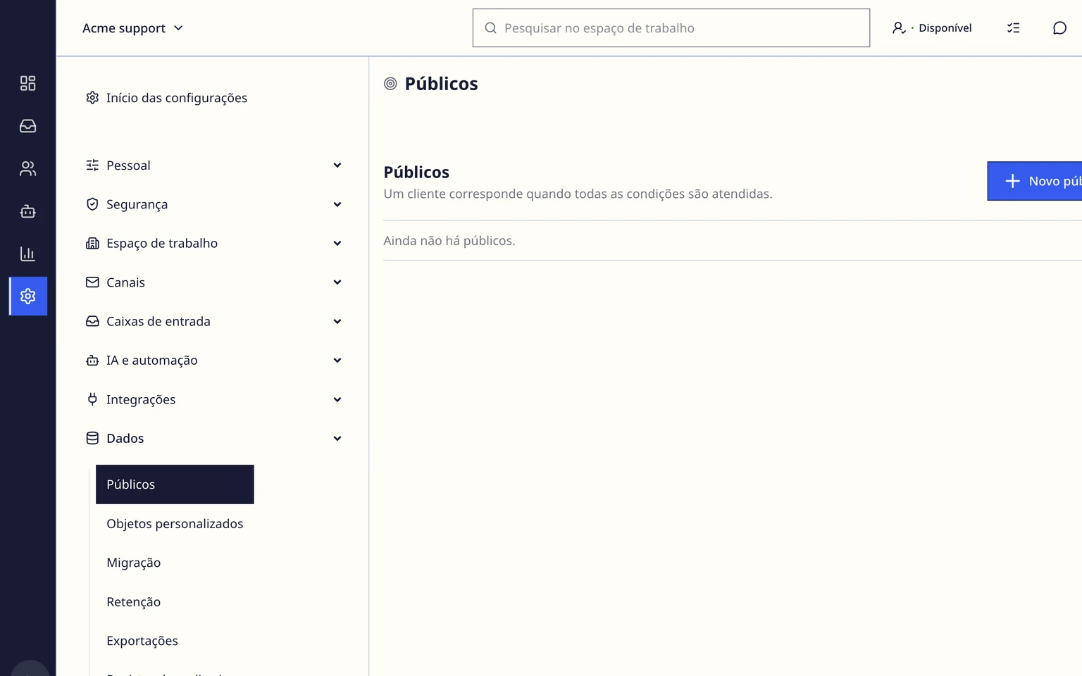 Criar públicos de clientes: Aplicar um público ao conhecimento aprovado, 1. Abra Configurações > IA e automação > Fontes de conhecimento e edite a fonte.