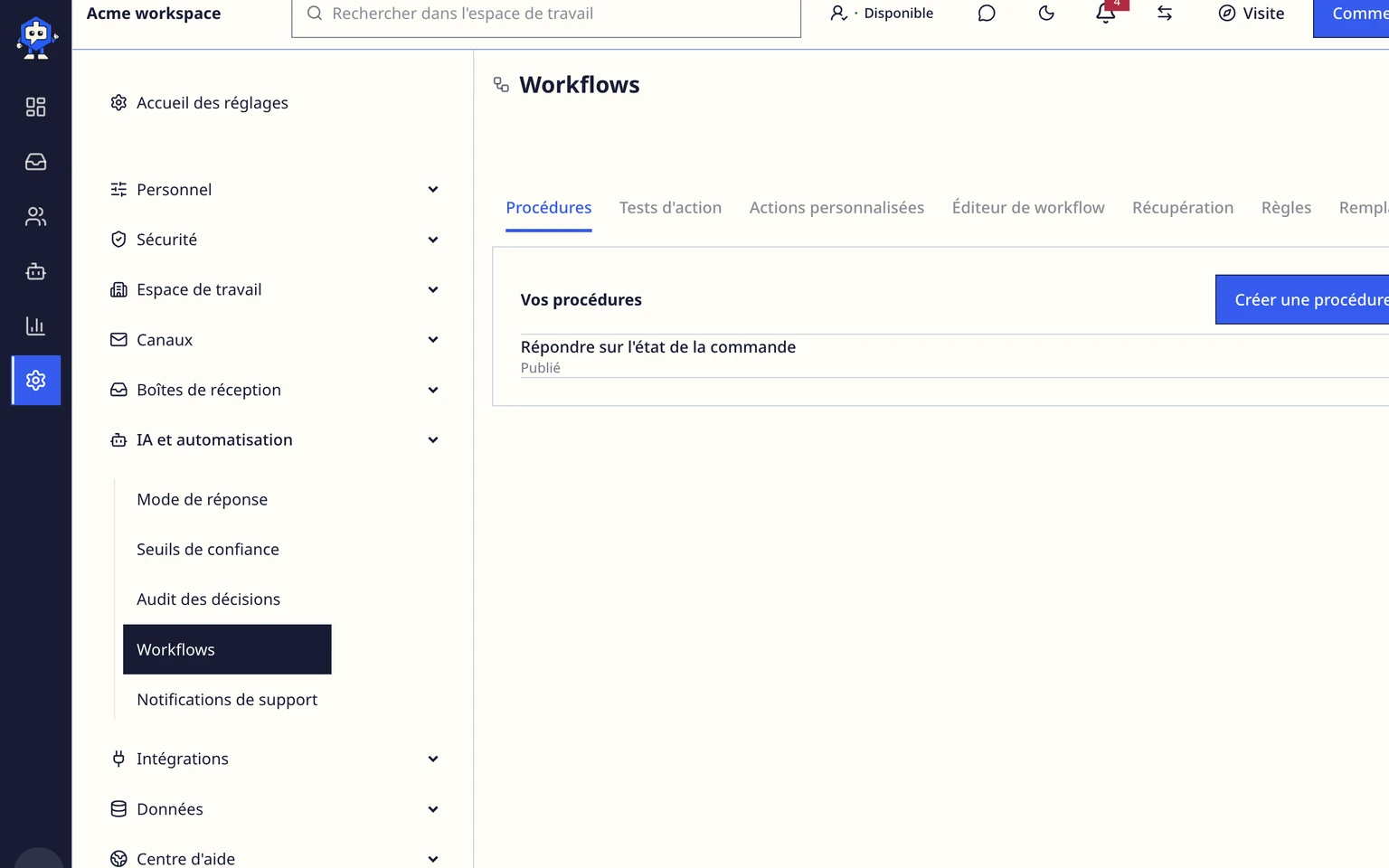 Créer des règles d'automatisation à l'entrée: Créer une règle précise, 1. Ouvrez Administration > IA et automatisation > Workflows.