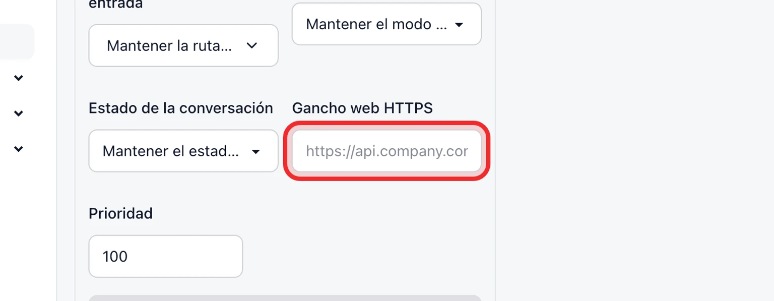 Crea reglas de automatización para mensajes entrantes: Conecta un webhook firmado, 1. Añade un endpoint HTTPS público a la regla y guárdala.