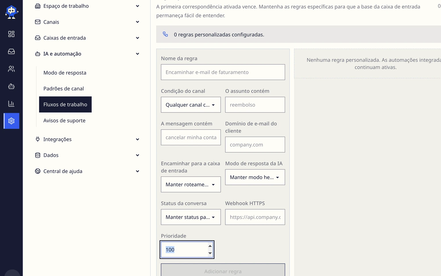 Criar regras de automação de entrada: Conectar um webhook assinado, 1. Adicione um endpoint HTTPS público à regra e salve-a.
