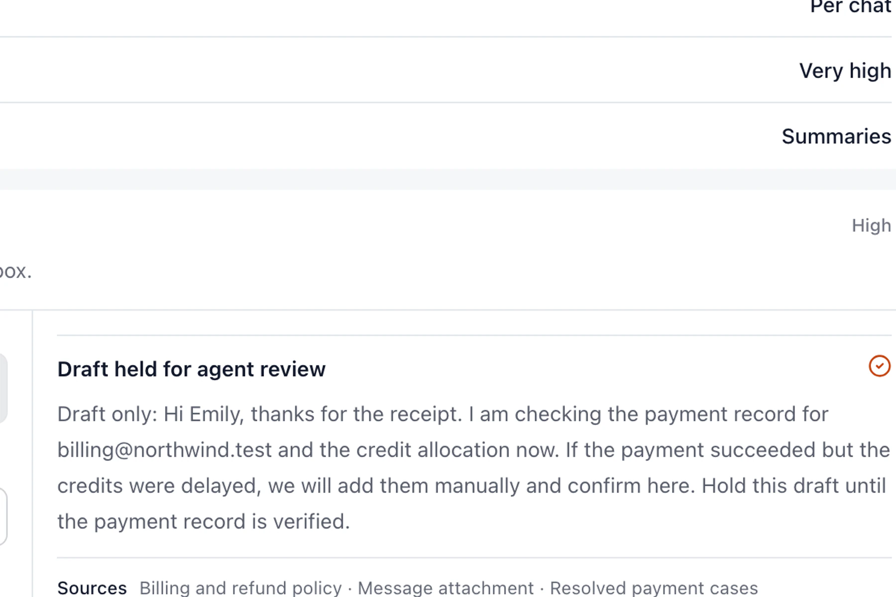 DobroDesk AI answer test showing a billing reply held for agent review with sources, evidence and customer balance risk.