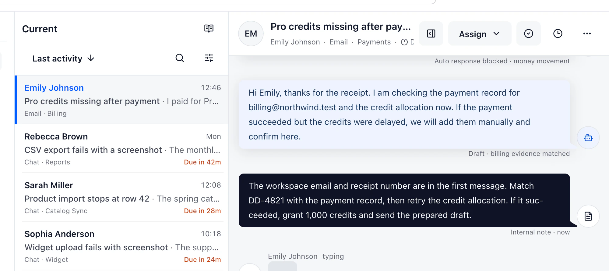 DobroDesk inbox screen with support conversations, SLA status and an AI-prepared draft.