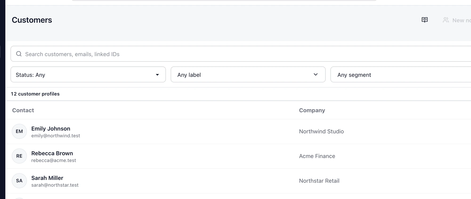 DobroDesk customer directory showing searchable contacts, email addresses and linked companies from support conversations.