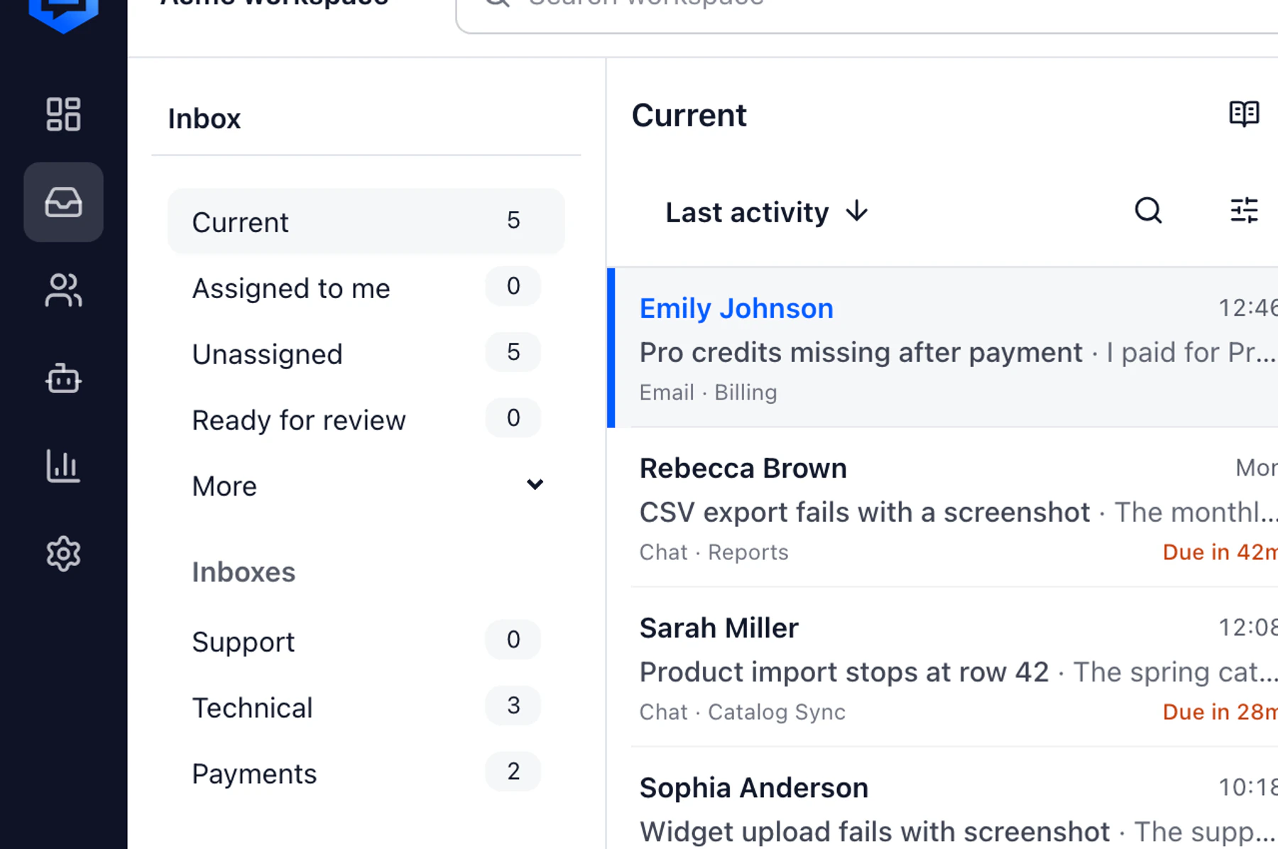 DobroDesk Inbox navigation showing current, unassigned and review queues beside email support conversations.