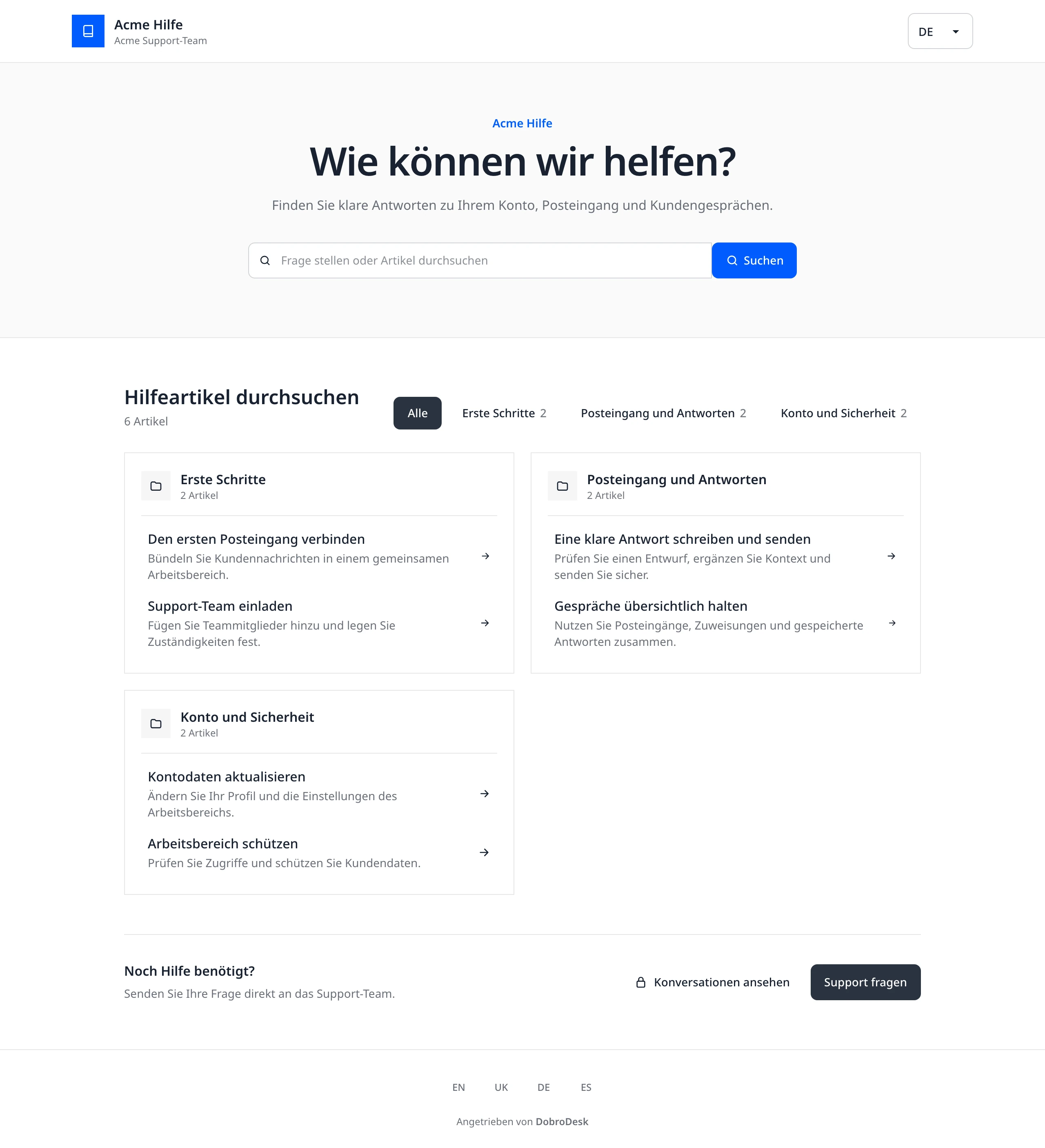 DobroDesk Help Center mit Artikelsuche, Hilfethemen und Kontaktmöglichkeit