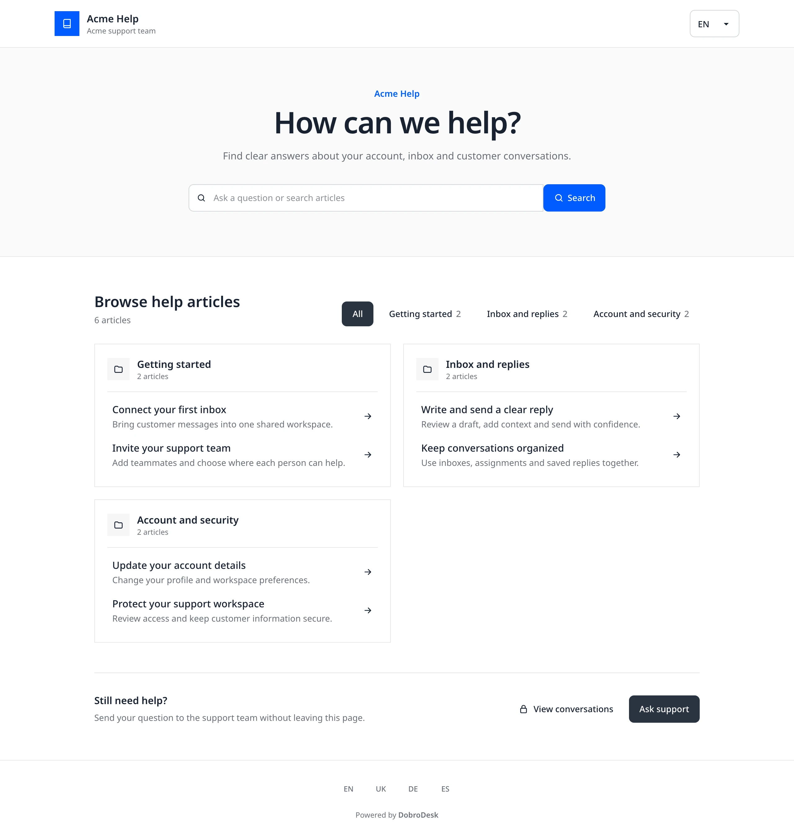 DobroDesk Help Center with article search, help topics and a contact option