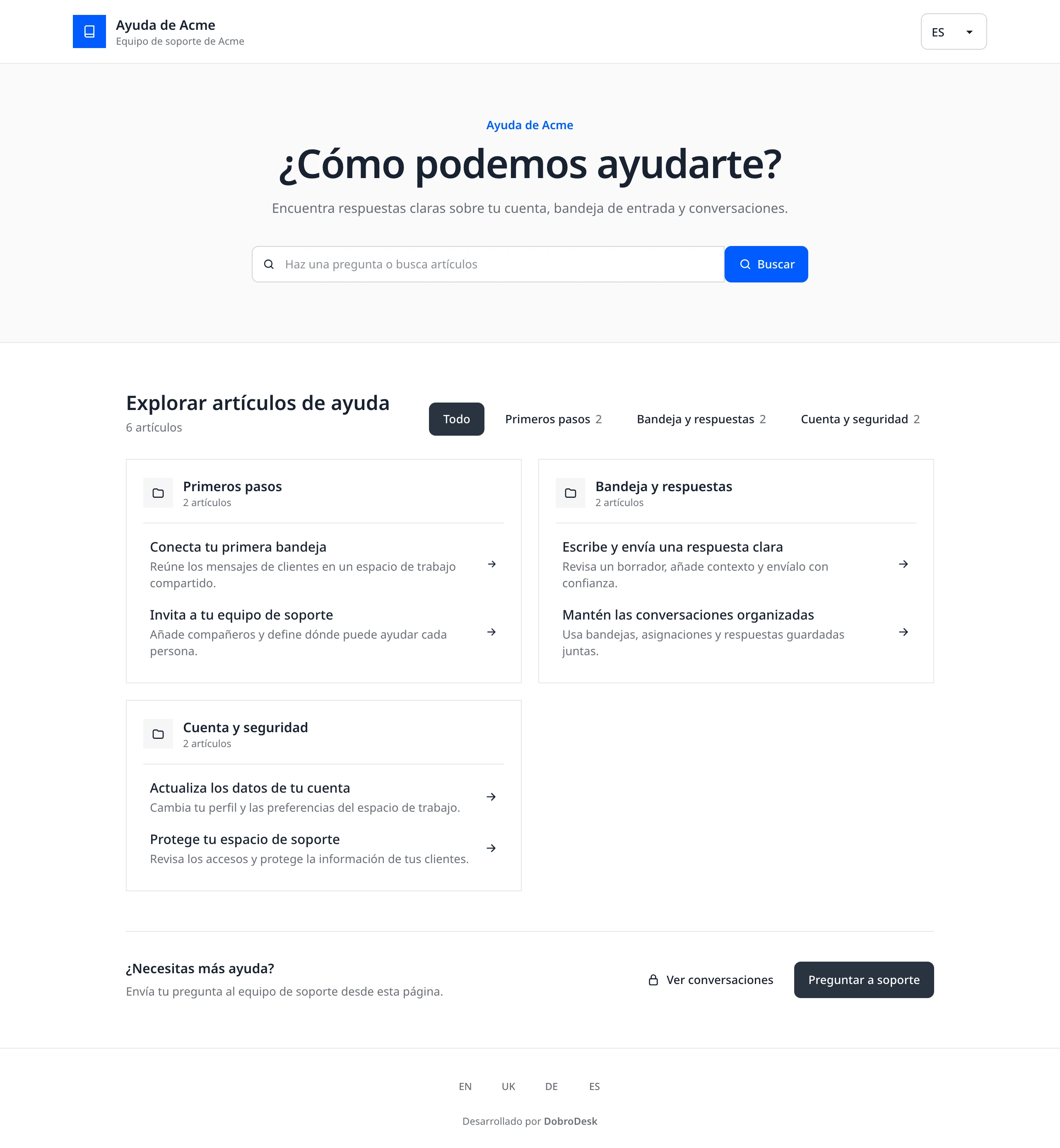 Centro de ayuda de DobroDesk con búsqueda de artículos, temas y contacto con soporte