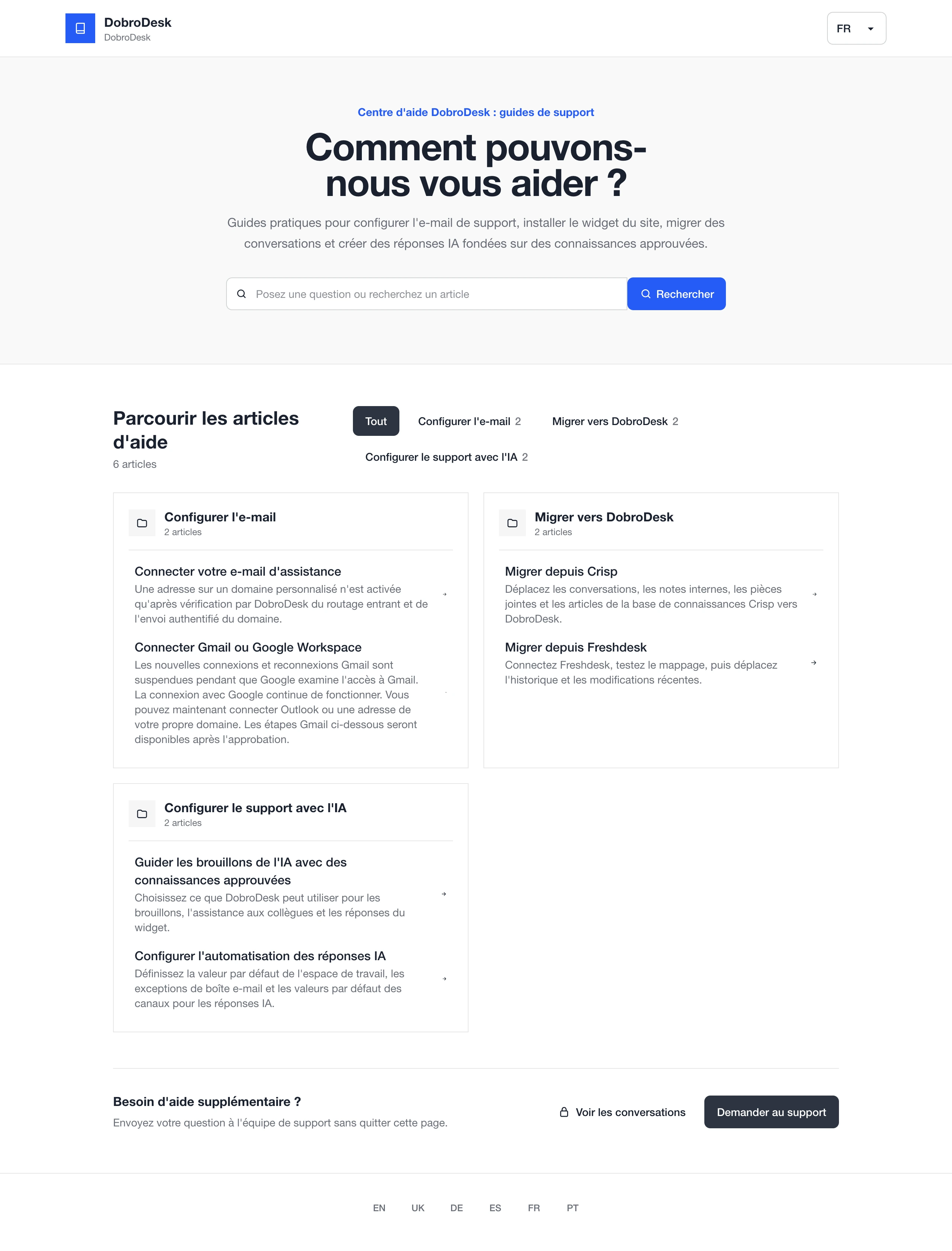 Centre d'aide DobroDesk avec recherche d'articles, rubriques d'aide et possibilité de contact