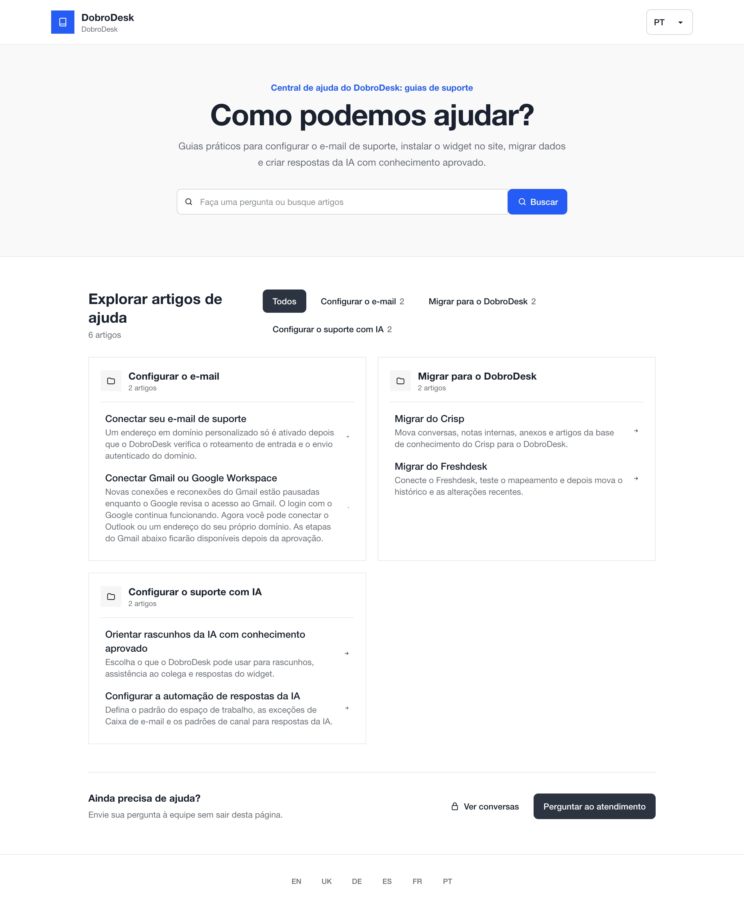 Central de ajuda DobroDesk com busca de artigos, tópicos de ajuda e opção de contato