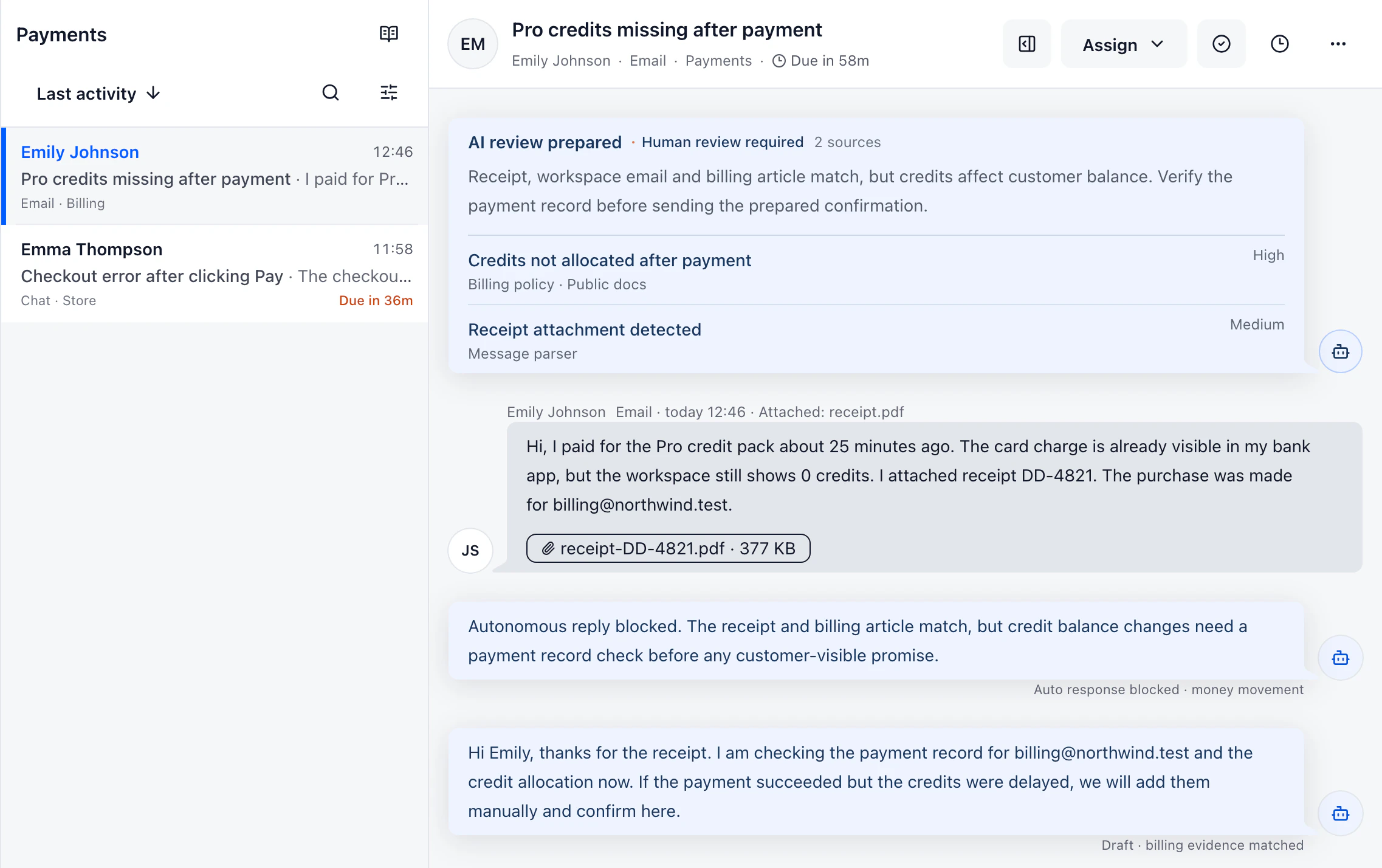DobroDesk inbox screen with support conversations, SLA status and an AI-prepared draft.