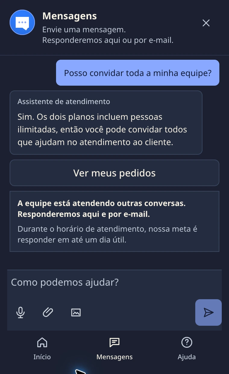 Chat do site DobroDesk com disponibilidade da equipe, tempo de resposta e campo de mensagem