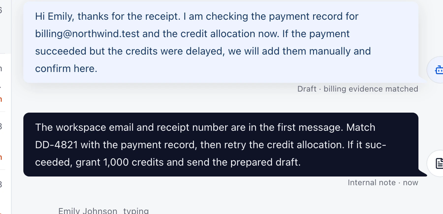 DobroDesk inbox screen with support conversations, SLA status and an AI-prepared draft.