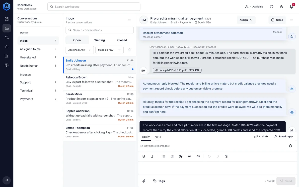 Pantalla de inbox de DobroDesk con conversaciones de soporte, estado SLA y borrador preparado con IA.