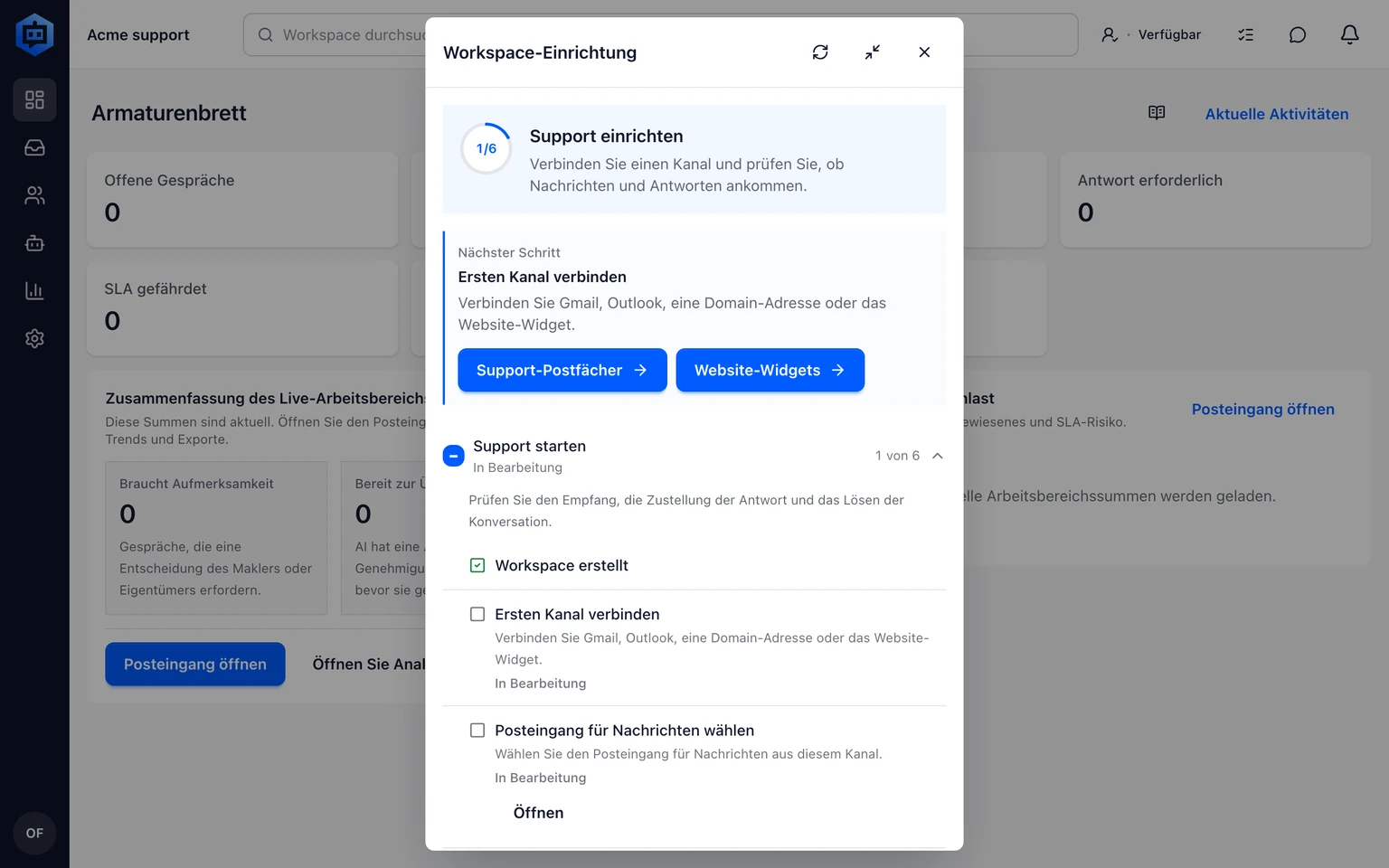 Setup Center für Support abschließen: Setup öffnen oder fortsetzen