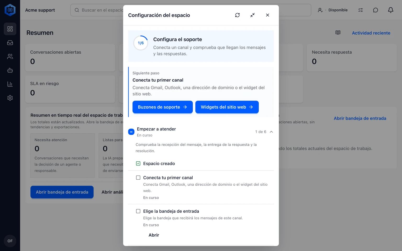 Completa el centro de configuración de soporte: Abre o reanuda la configuración