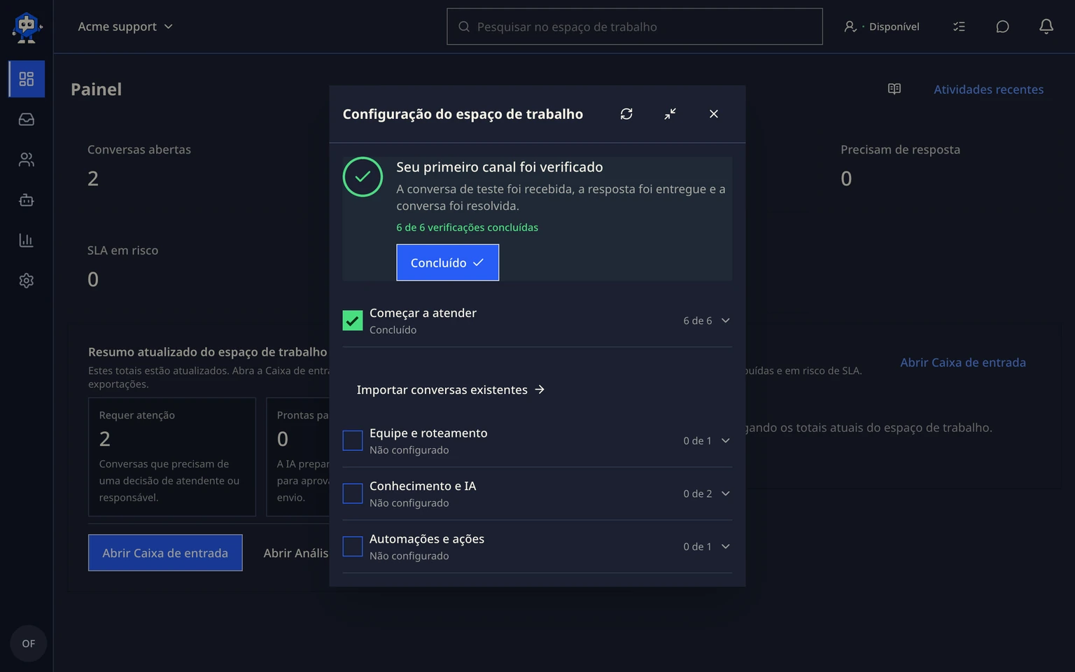Concluir a Central de configuração do suporte: Abrir ou retomar a configuração