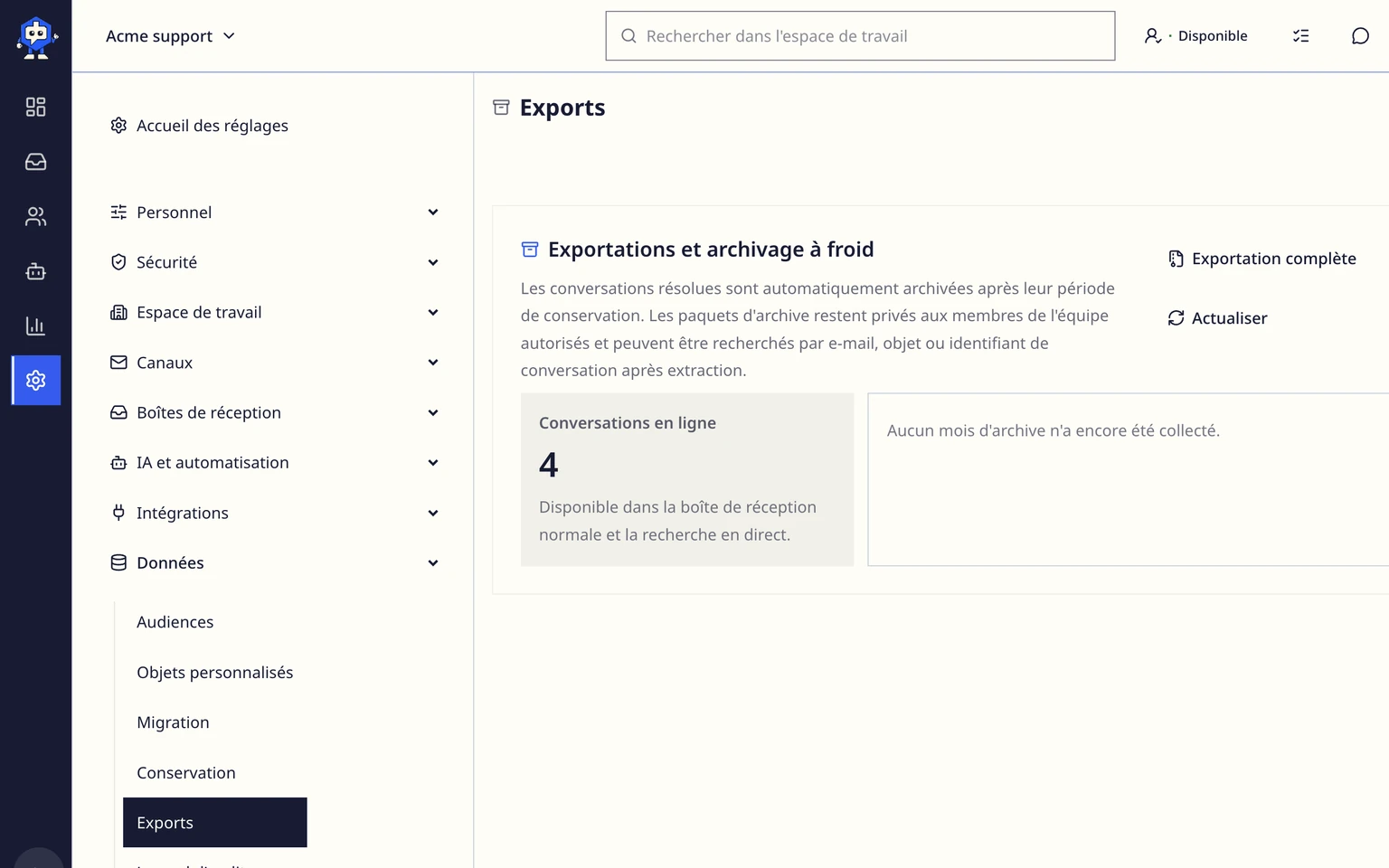 Gouverner la conservation, les exports et l'historique d'audit: Créer un export autorisé, 1. Ouvrez Administration > Données > Exports.