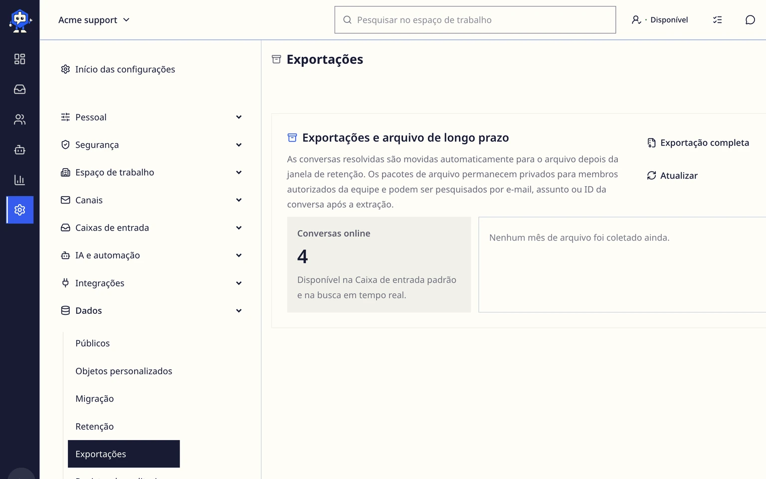 Governar retenção, exportações e histórico de auditoria: Criar uma exportação autorizada, 1. Abra Administração > Dados > Exportações.