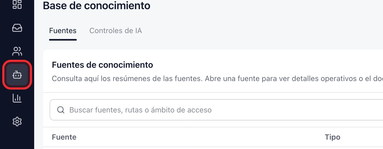 Configura las respuestas de IA del widget del sitio web: Prepara primero respuestas aprobadas, 1. Abre Administración > IA y automatización > Fuentes de conocimiento.