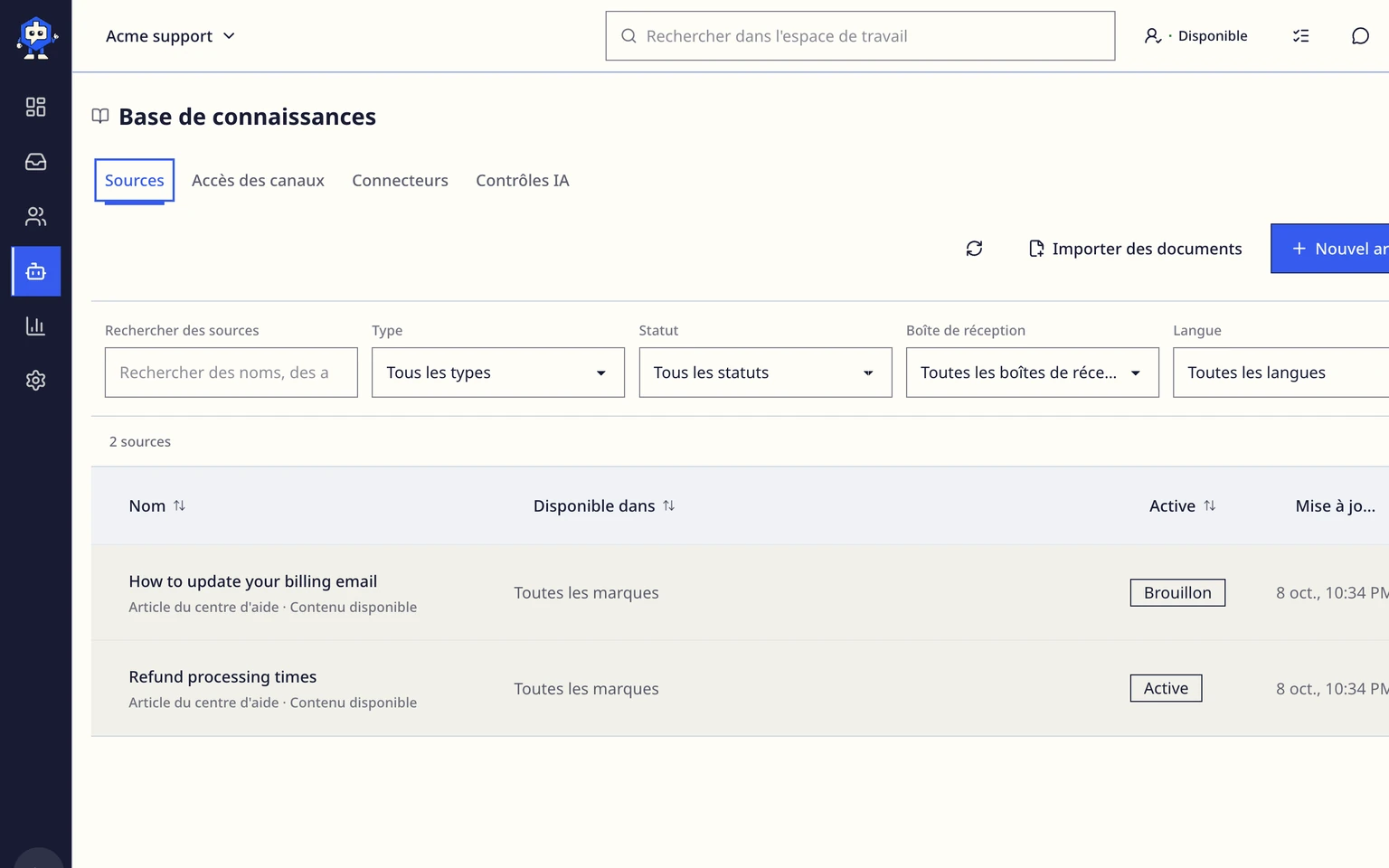 Guider les brouillons de l'IA avec des connaissances approuvées: Créer une source de connaissances, 1. Ouvrez Connaissances dans la navigation de l'espace de travail.