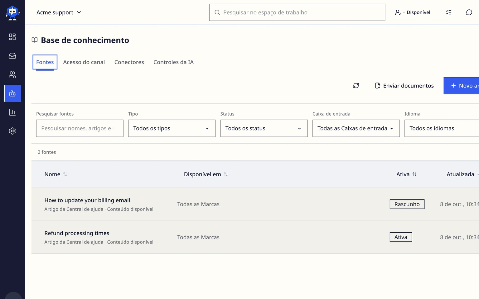 Orientar rascunhos da IA com conhecimento aprovado: Criar uma fonte de conhecimento, 1. Abra Conhecimento na navegação do espaço de trabalho.