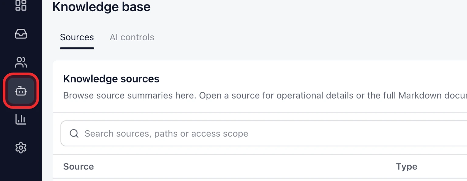 Configure AI replies for the website widget: Prepare approved answers first, 1. Open Admin > AI & Automation > Knowledge sources.