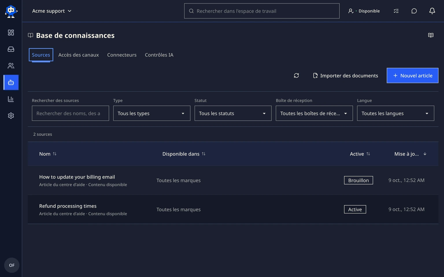 Guider les brouillons de l'IA avec des connaissances approuvées: Créer une source de connaissances, 2. Choisissez Nouvel article pour une FAQ client, Importer des documents pour ajouter des fichiers approuvés ou Connecteurs pour utiliser un fournisseur de connaissances externe.