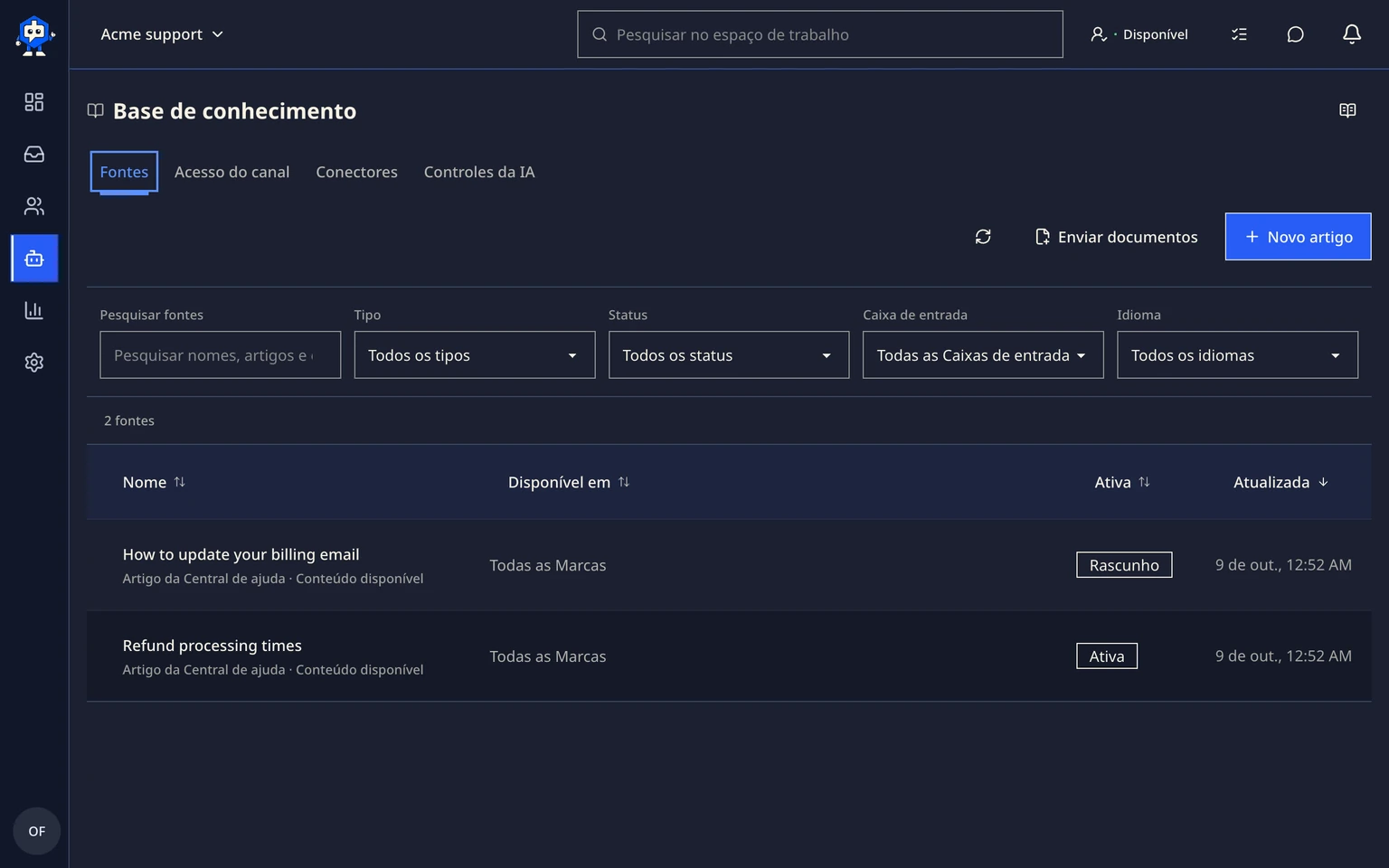 Orientar rascunhos da IA com conhecimento aprovado: Criar uma fonte de conhecimento, 2. Escolha Novo artigo para uma FAQ de clientes, Carregar documentos para adicionar arquivos aprovados ou Conectores para usar um provedor externo de conhecimento.