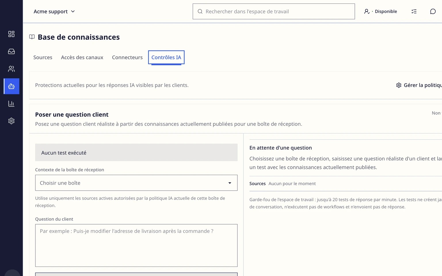 Guider les brouillons de l'IA avec des connaissances approuvées: Créer une source de connaissances, 4. Enregistrez la source comme brouillon privé. Vérifiez l'audience et la portée de la marque ou de la boîte de réception avant de l'approuver.
