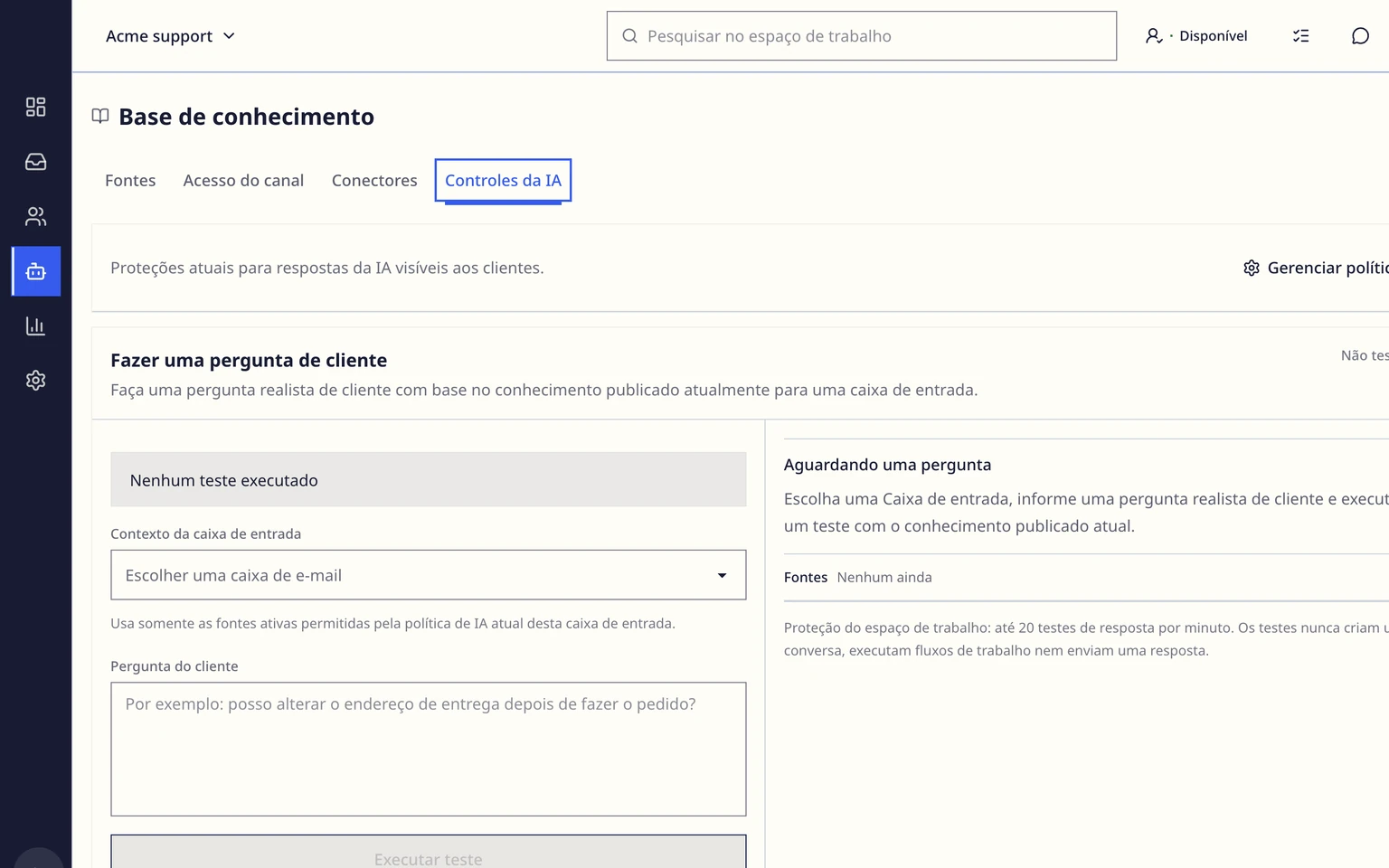 Orientar rascunhos da IA com conhecimento aprovado: Criar uma fonte de conhecimento, 4. Salve a fonte como um rascunho privado. Revise o público e o escopo da Marca ou da Caixa de entrada antes de aprová-la.