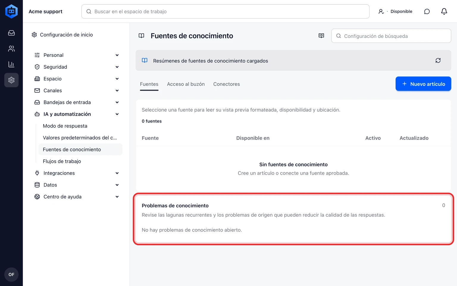 Publica un Centro de ayuda para clientes: Revisa los comentarios de los artículos, 2. Abre Administración > IA y automatización > Fuentes de conocimiento y selecciona Problemas.