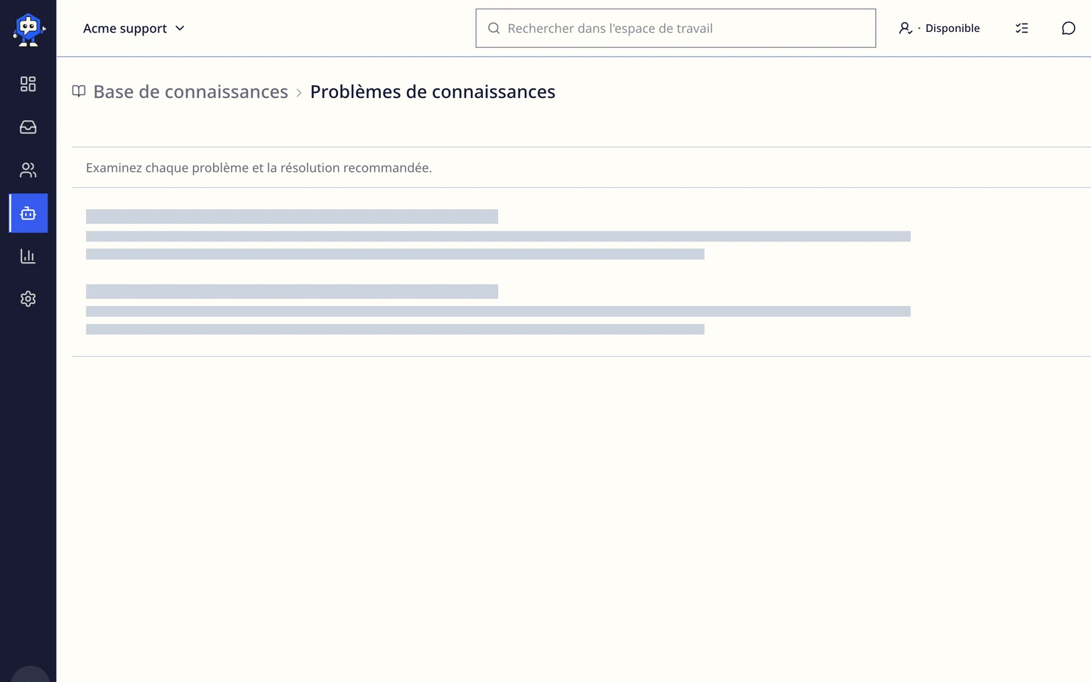 Guider les brouillons de l'IA avec des connaissances approuvées: Résoudre les problèmes de connaissances à partir du support réel, 1. Ouvrez Connaissances et repérez Problèmes de connaissances sous le répertoire des sources.