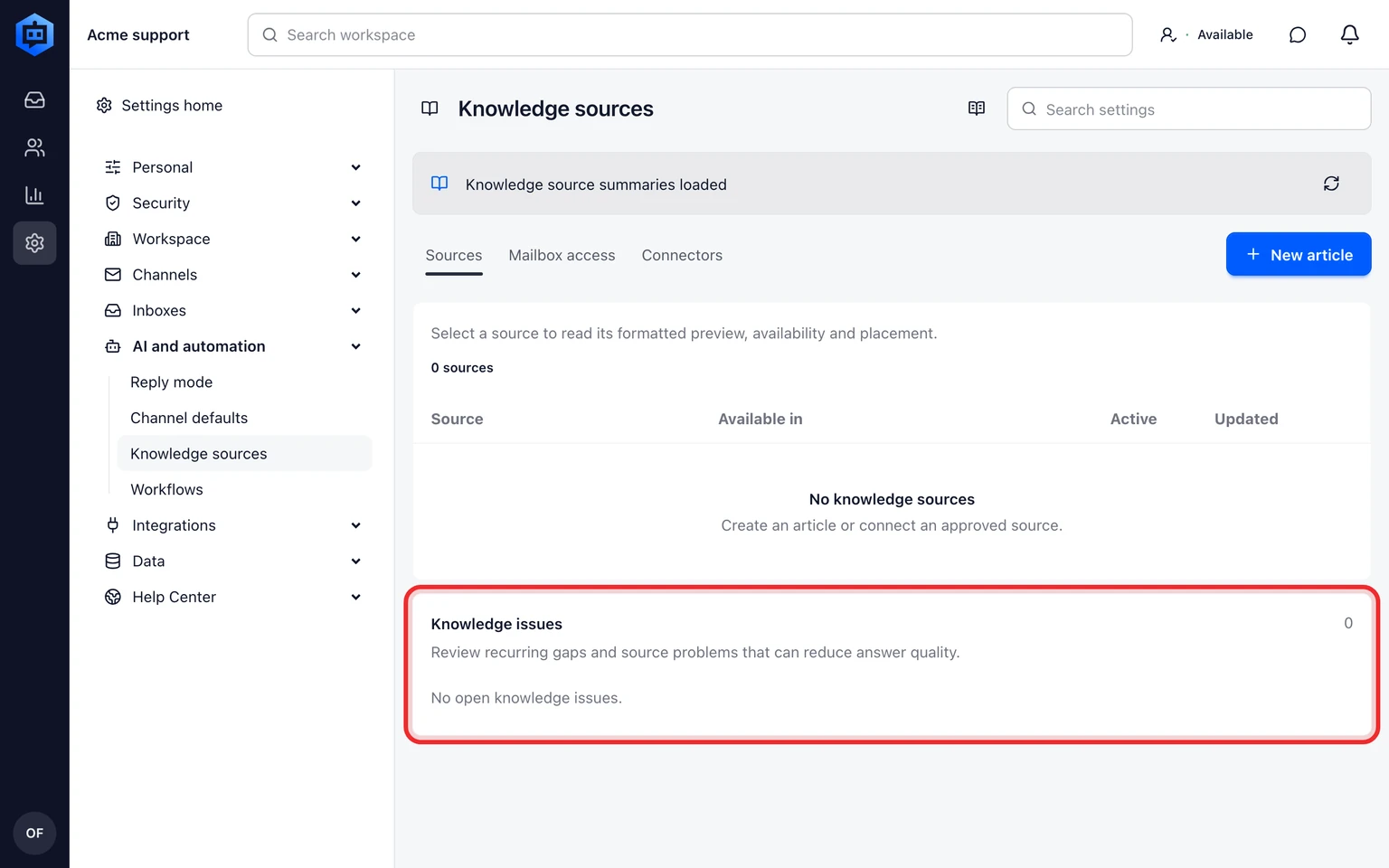 Publish a customer Help Center: Review article feedback, 2. Open Admin > AI & Automation > Knowledge sources and select Issues.