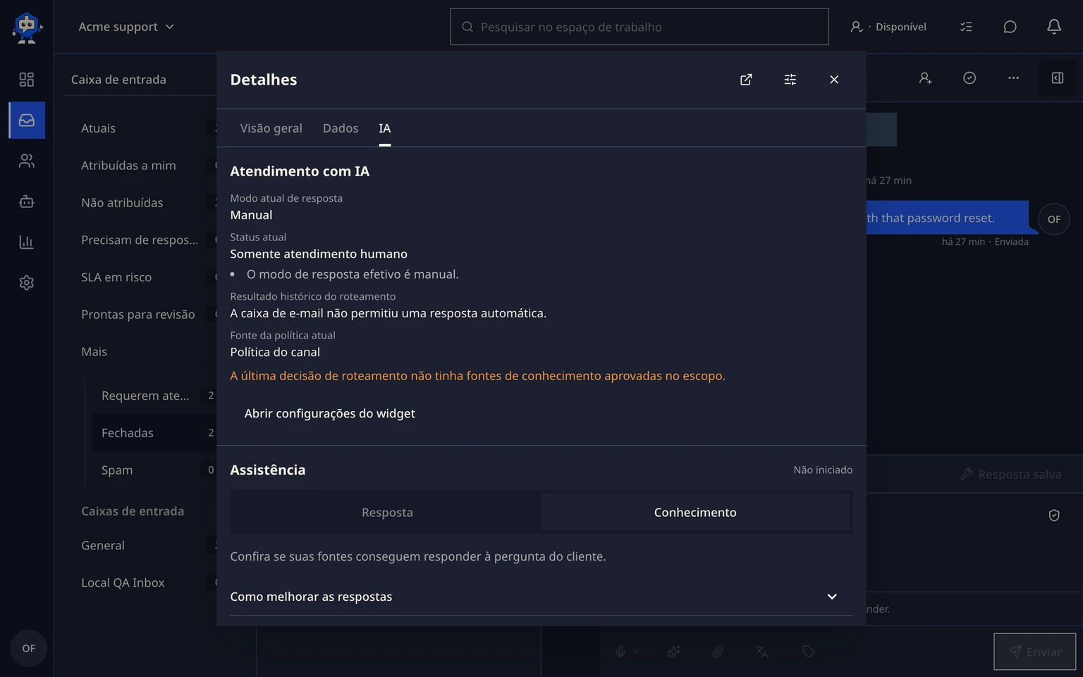Orientar rascunhos da IA com conhecimento aprovado: Resolver problemas de conhecimento a partir do atendimento real, 5. Abra a aba Conhecimento em Assistência e revise a conversa fechada existente. Faça a revisão de qualidade e registre se a causa raiz exige um rascunho de conhecimento, uma correção da fonte, uma alteração no fluxo de trabalho ou nenhuma ação.