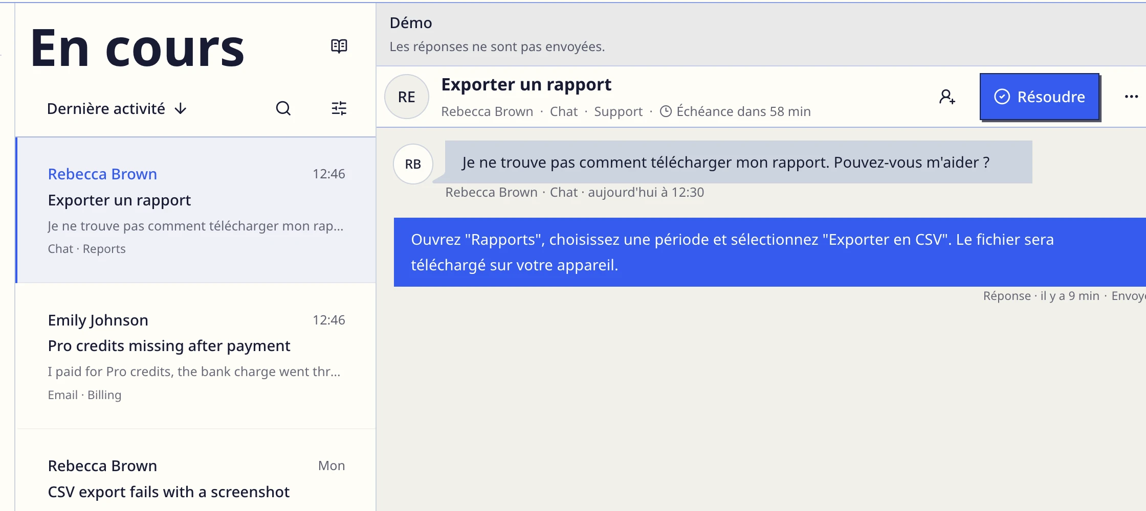 Exemple de conversation de support dans DobroDesk