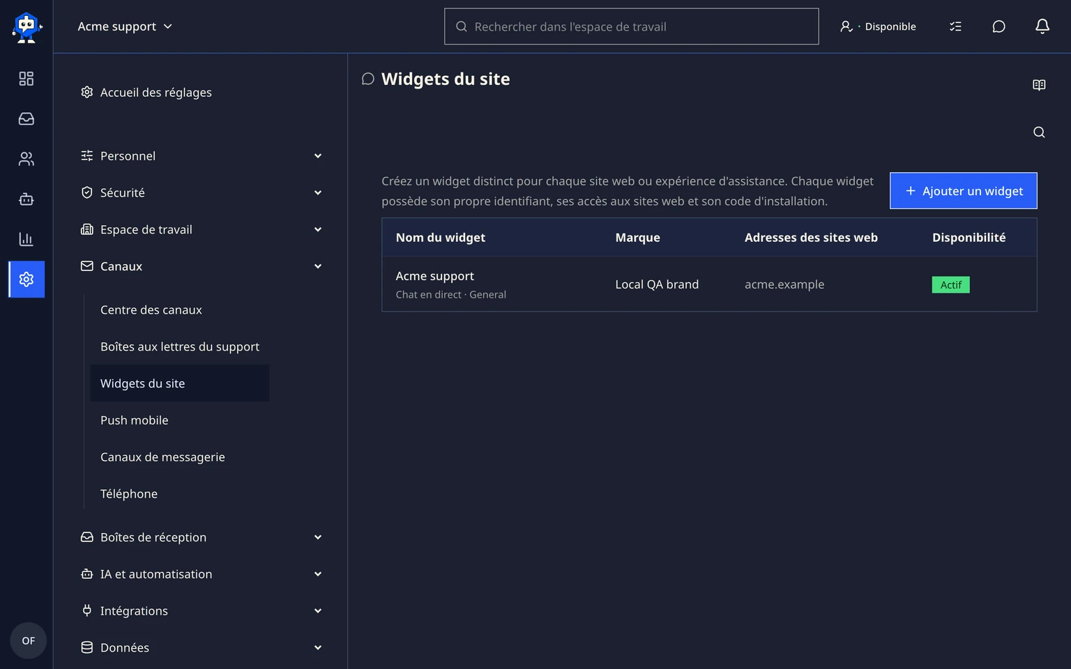 Choisir une méthode pour configurer le widget du site DobroDesk: Connecter le widget à la bonne boîte de réception, 1. Dans DobroDesk, ouvrez Réglages, choisissez Canaux, puis Widgets du site et Ajouter un widget.