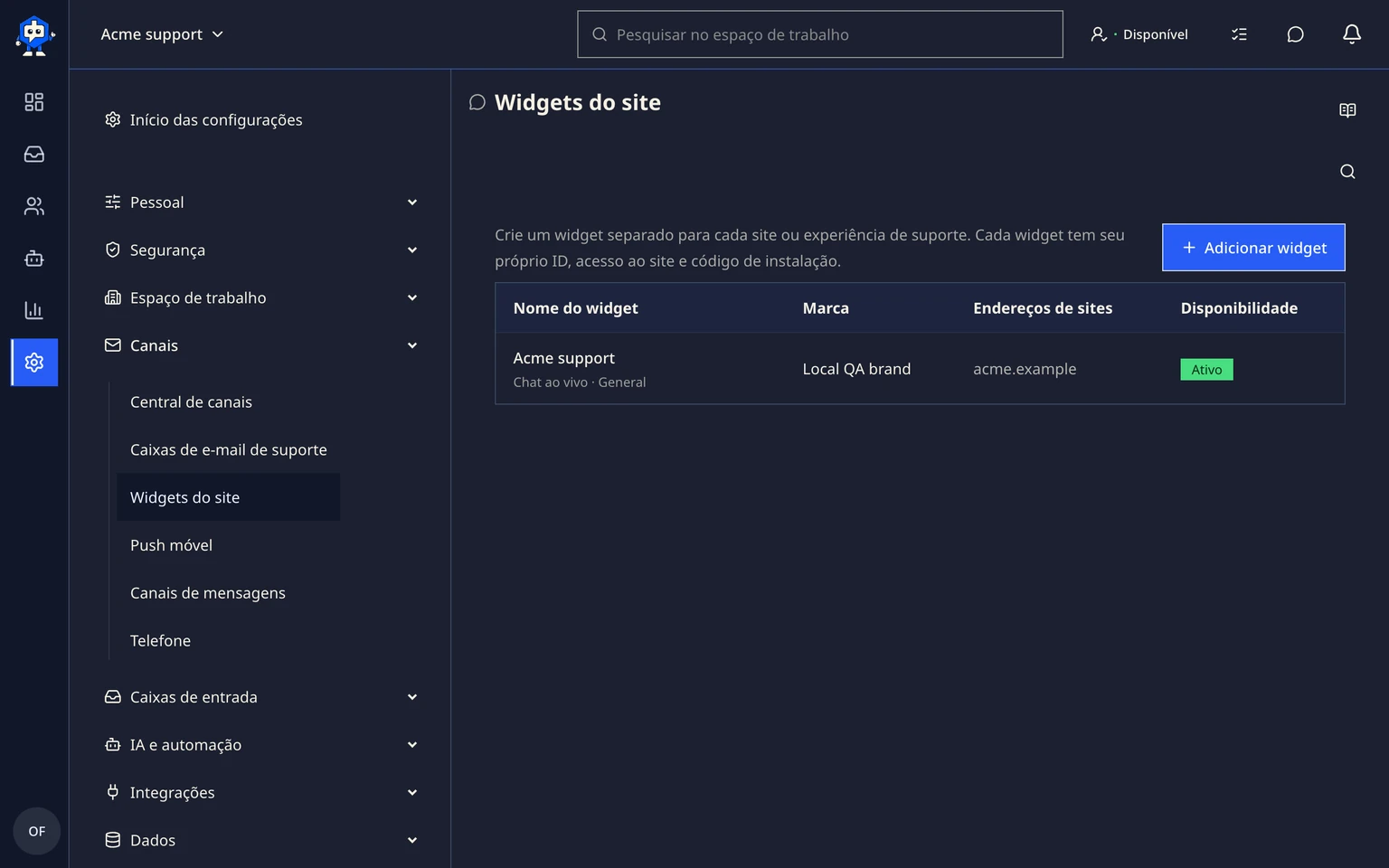 Escolher um caminho para configurar o widget do site do DobroDesk: Conectar o widget à Caixa de entrada correta, 1. No DobroDesk, abra Configurações, escolha Canais, depois Widgets do site e Adicionar widget.