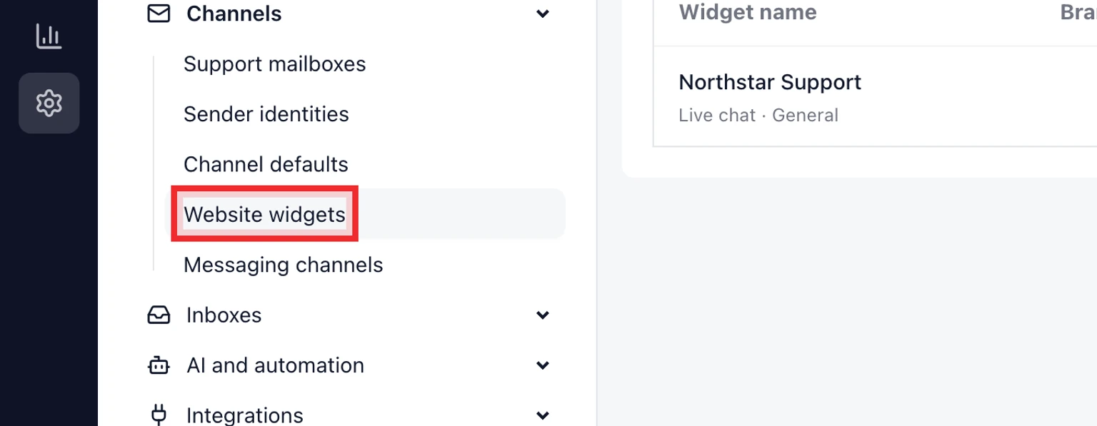 Configure AI replies for the website widget: Choose what this widget may do, 1. Open Admin, choose Channels and open Website widgets.